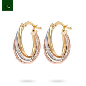 9ct Three Colour Gold Oval Hoop Earrings