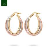 9ct Three Colour Gold Round Hoop Earrings