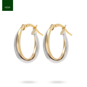 9ct Yellow & White Gold Flat Oval Hoop Earrings