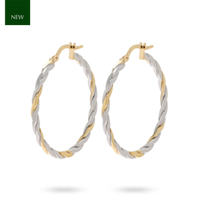 9ct Yellow & White Gold Square Twisted Round Hoop Earrings