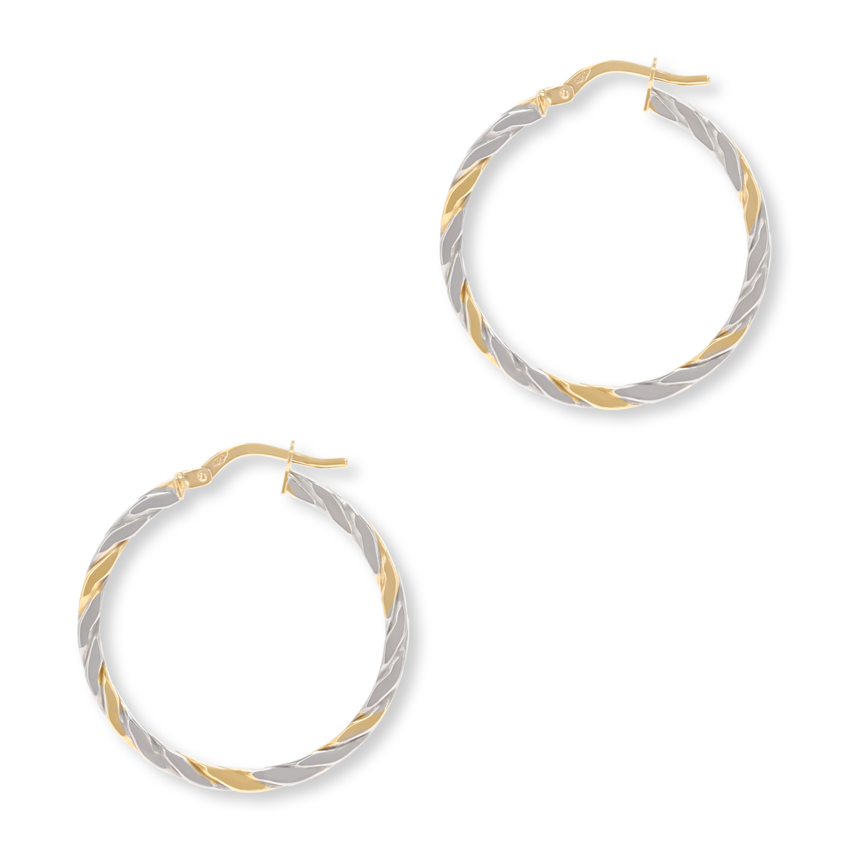 9ct Yellow & White Gold Square Twisted Round Hoop Earrings