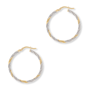 9ct Yellow & White Gold Square Twisted Round Hoop Earrings