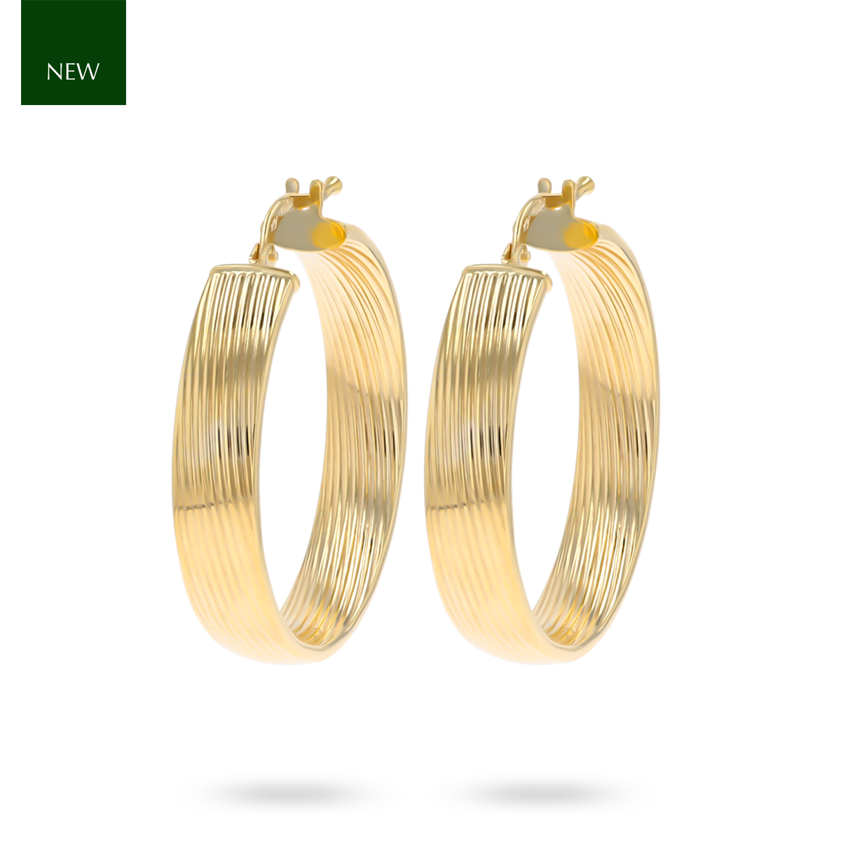 9ct Yellow Gold Flat Ribbed Pattern Round Hoop Earrings