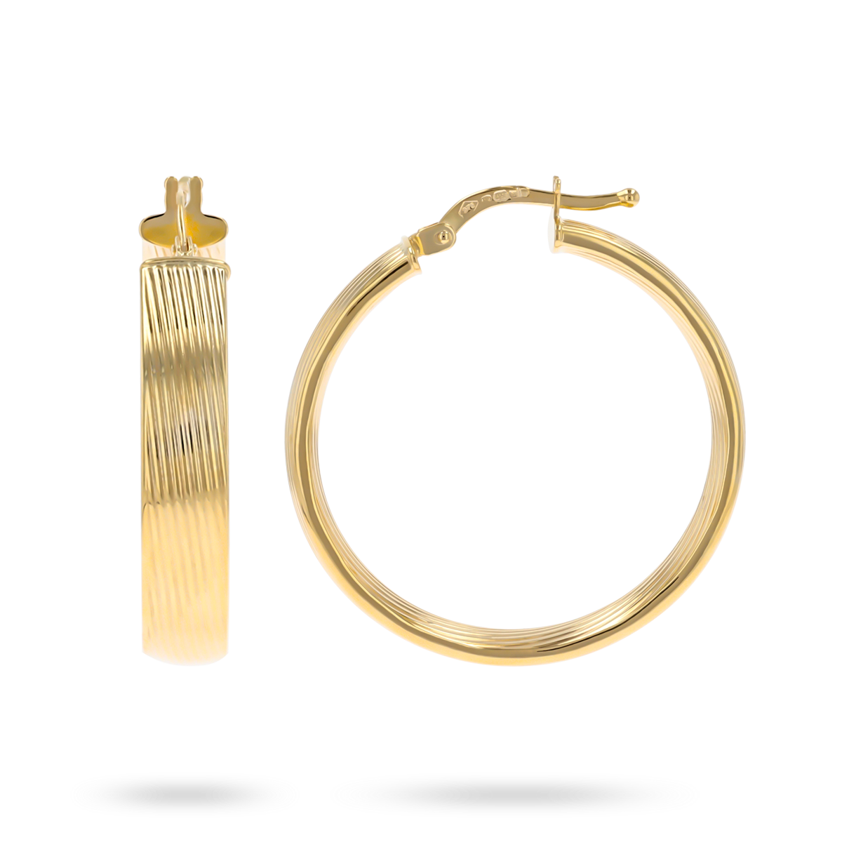 9ct Yellow Gold Flat Ribbed Pattern Round Hoop Earrings