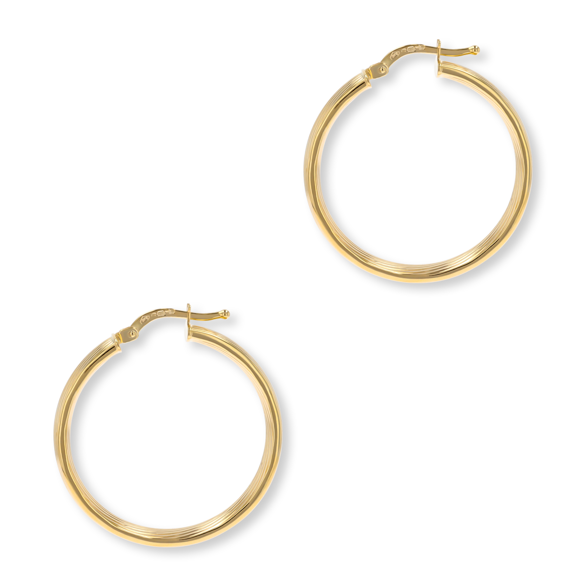 9ct Yellow Gold Flat Ribbed Pattern Round Hoop Earrings