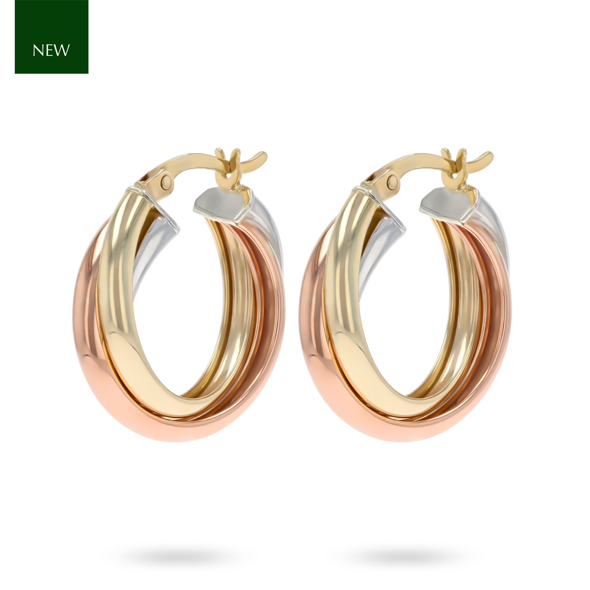 9ct Three Colour Gold Chunky Tube Hoop Earrings