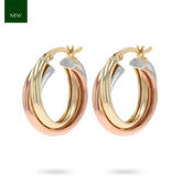 9ct Three Colour Gold Chunky Tube Hoop Earrings