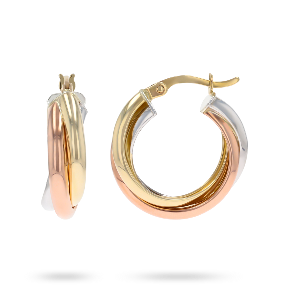 9ct Three Colour Gold Chunky Tube Hoop Earrings