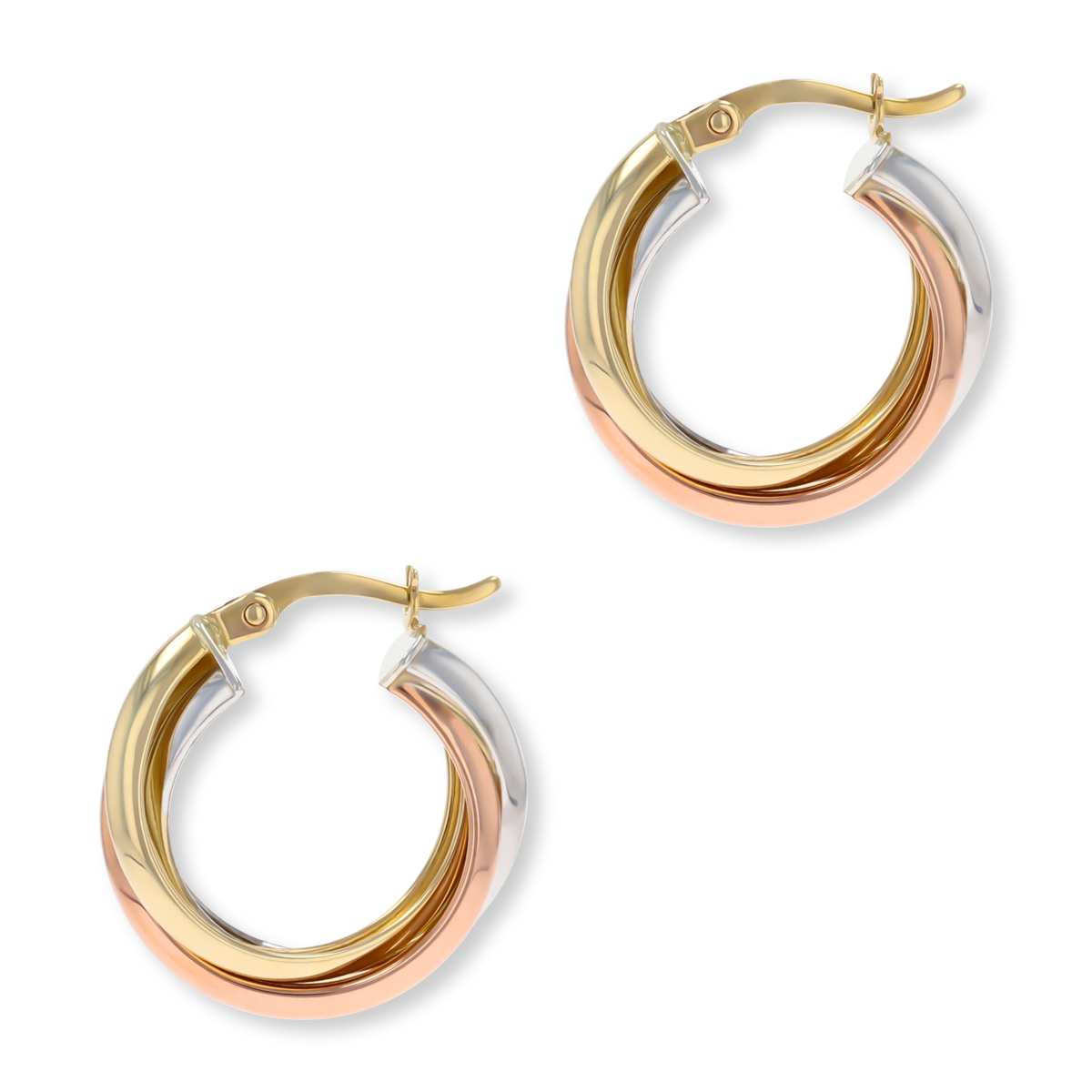 9ct Three Colour Gold Chunky Tube Hoop Earrings