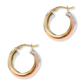 9ct Three Colour Gold Chunky Tube Hoop Earrings