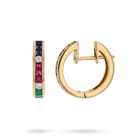 18ct Yellow Gold Sapphire, Ruby, Emerald & Diamond Half Set Hoop Earrings