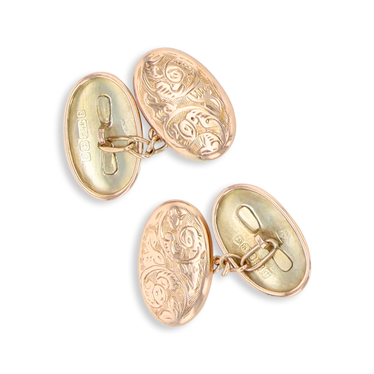 9ct Rose Gold Engraved Foliate Scroll Oval Edwardian Cufflinks