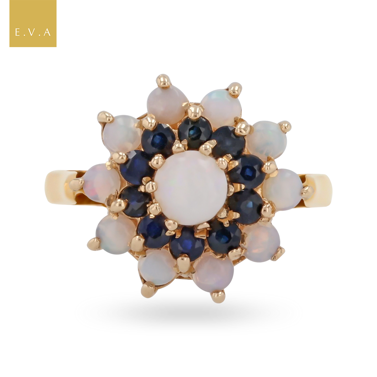 9ct Yellow Gold Opal & Sapphire Flower Cluster Ring