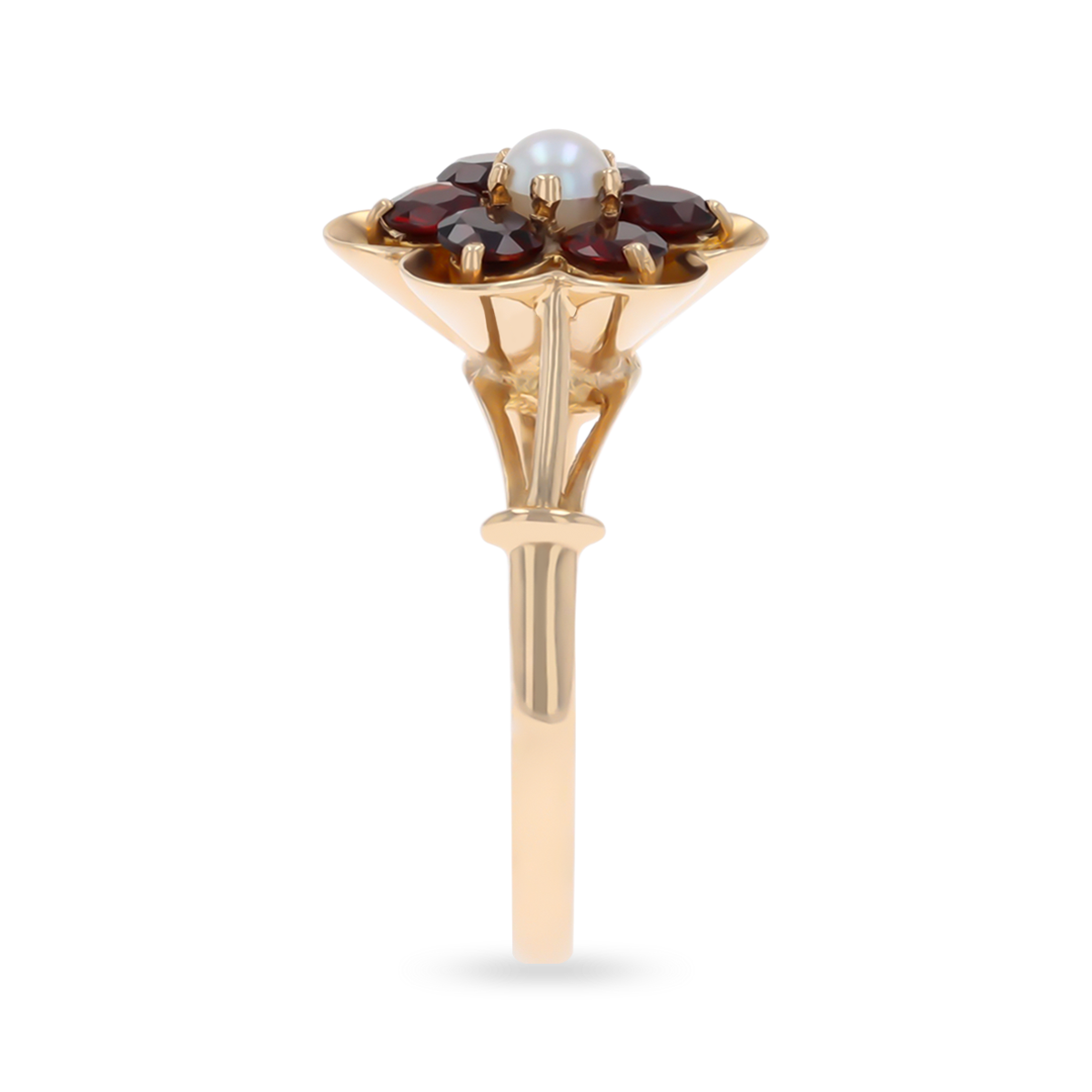 9ct Yellow Gold Cultured Pearl & Garnet Flower Cluster Ring