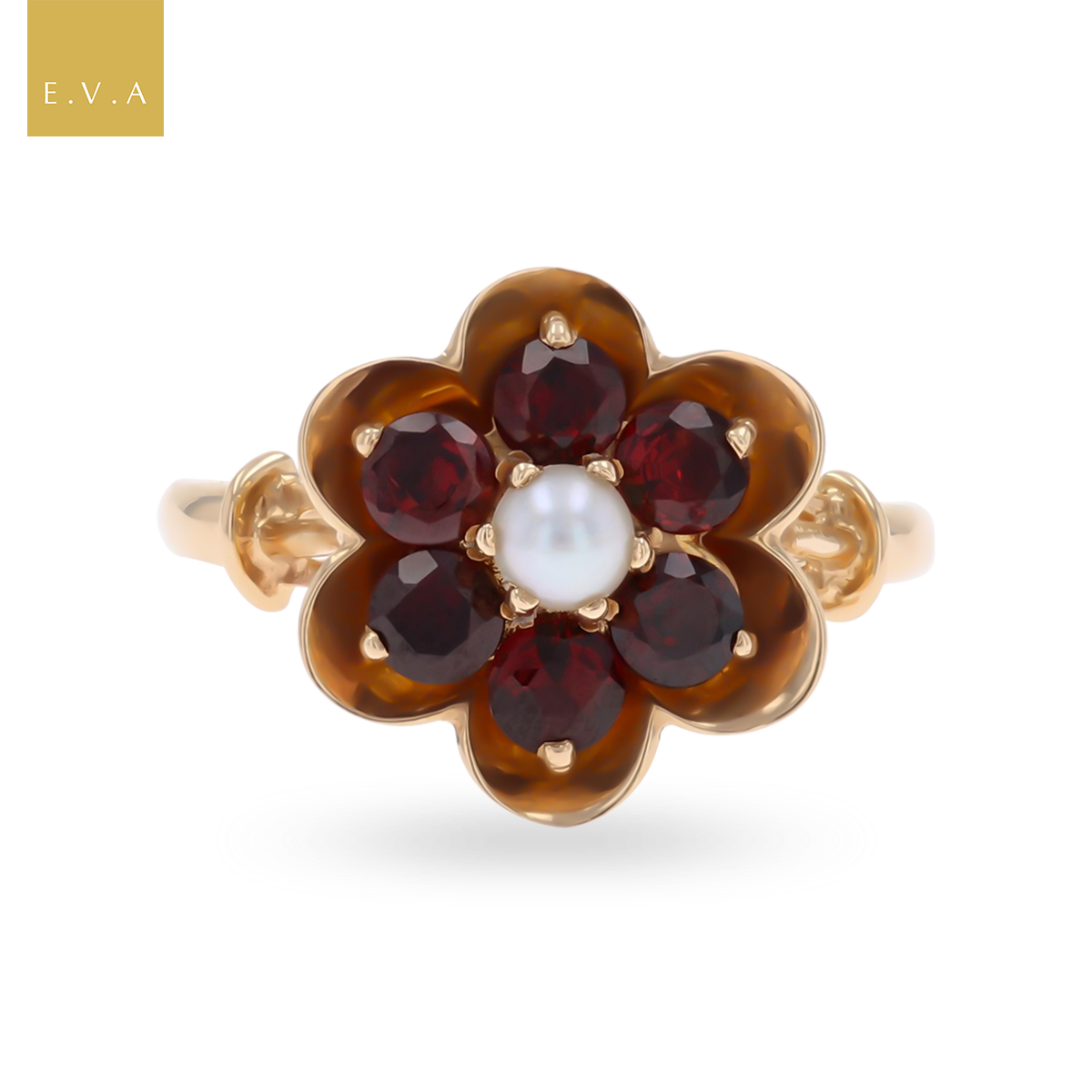 9ct Yellow Gold Cultured Pearl & Garnet Flower Cluster Ring