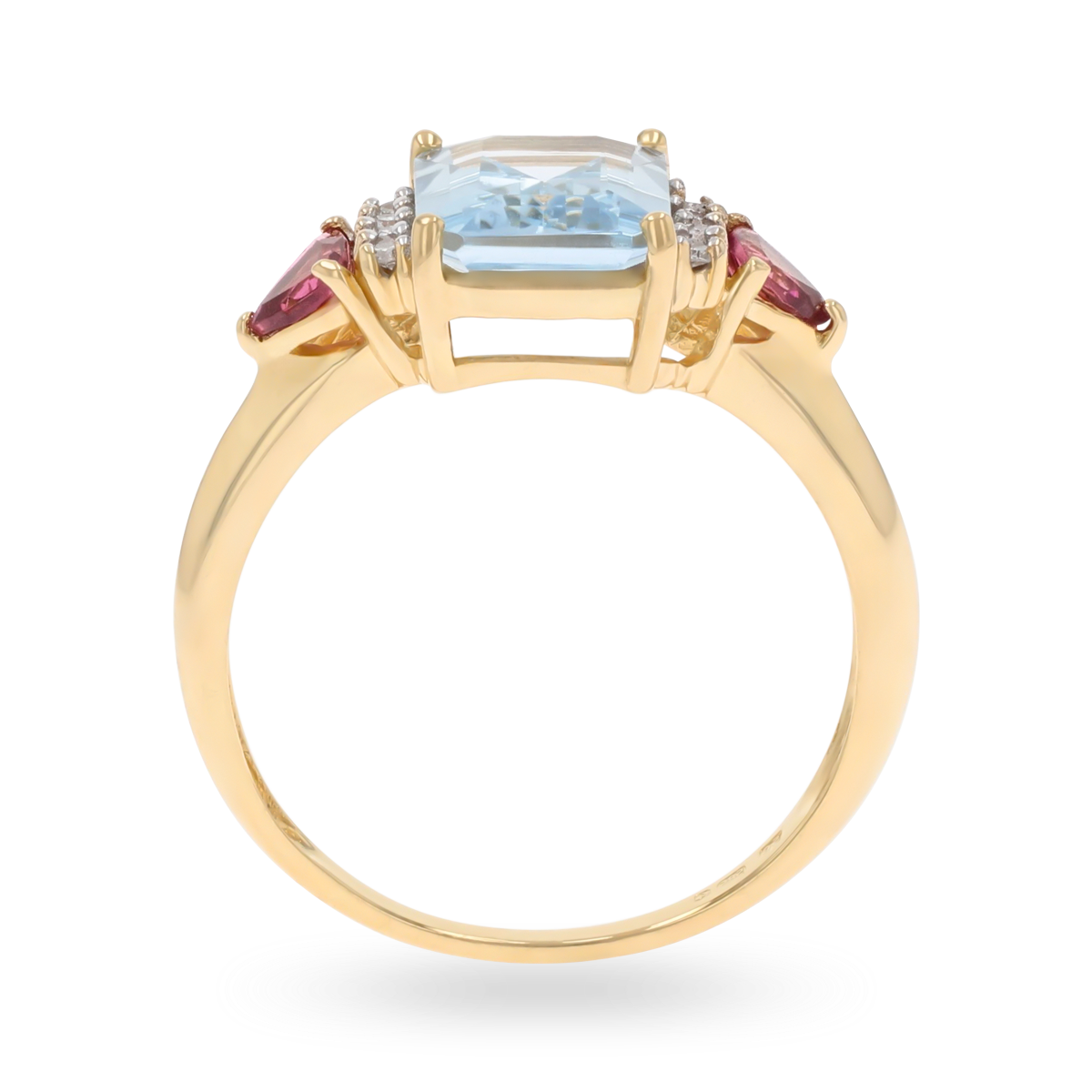 14ct Yellow Gold Emerald Cut Aquamarine, Pink Tourmaline & Diamond Shoulders Ring