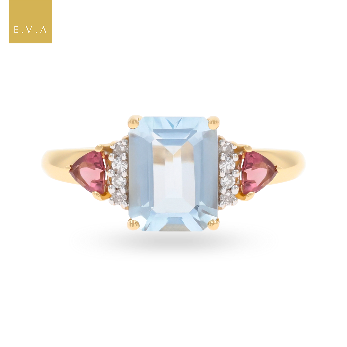 14ct Yellow Gold Emerald Cut Aquamarine, Pink Tourmaline & Diamond Shoulders Ring