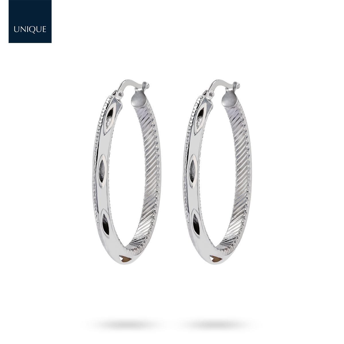 9ct White Gold Diamond Cut Oval Hoop Earrings