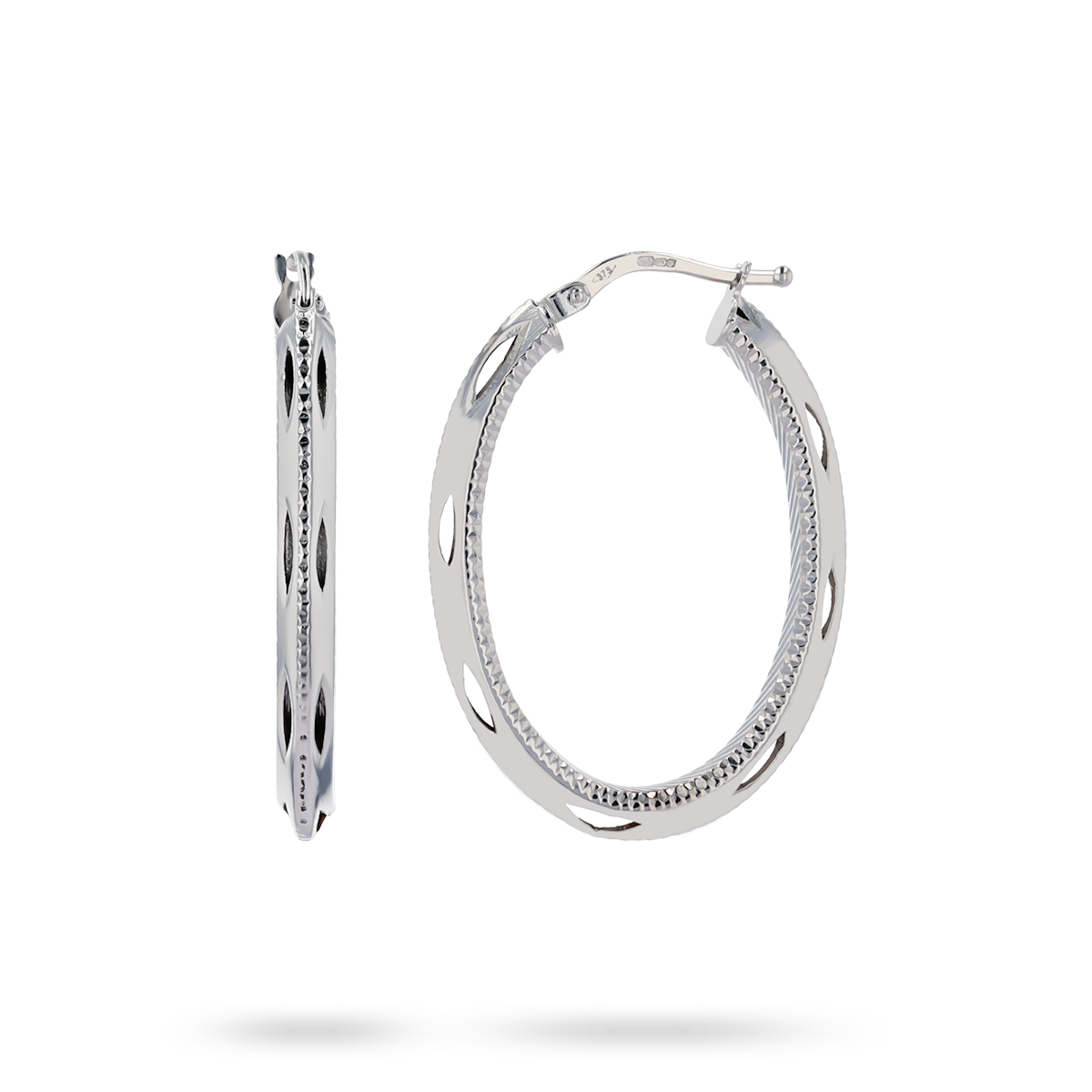 9ct White Gold Diamond Cut Oval Hoop Earrings