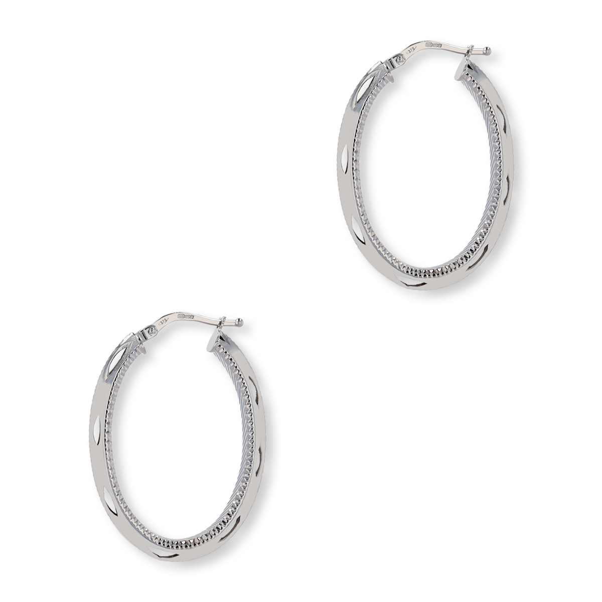 9ct White Gold Diamond Cut Oval Hoop Earrings