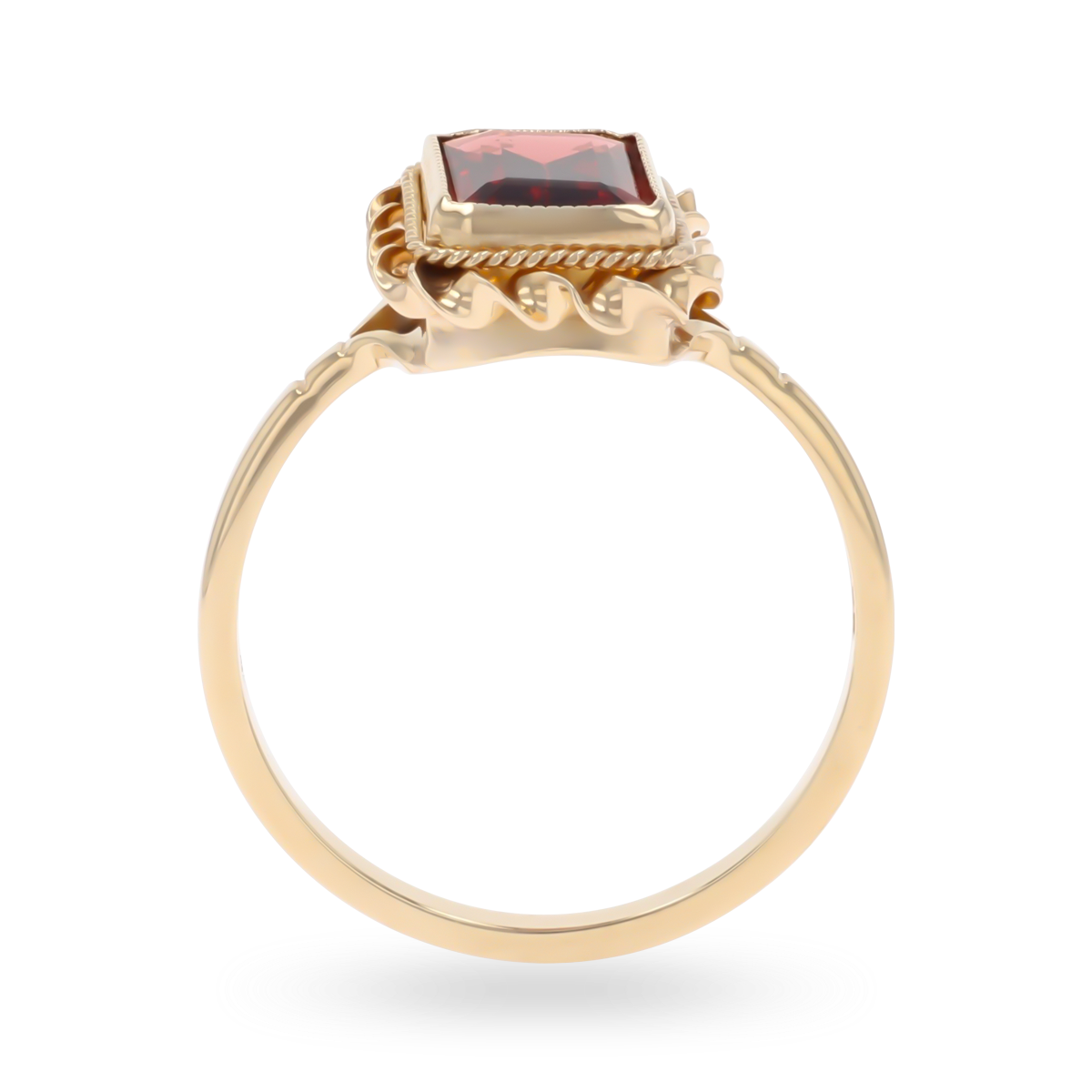 9ct Yellow Gold Emerald Cut Garnet Rope Edge Solitaire Ring