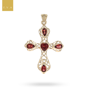 9ct Yellow Gold Ornate Garnet Set Cross Pendant