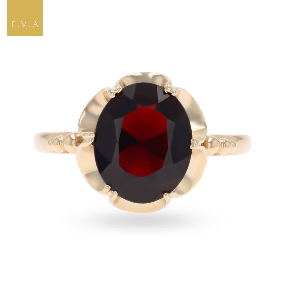 9ct Yellow Gold Oval Shaped Garnet Ribbon Solitaire Ring