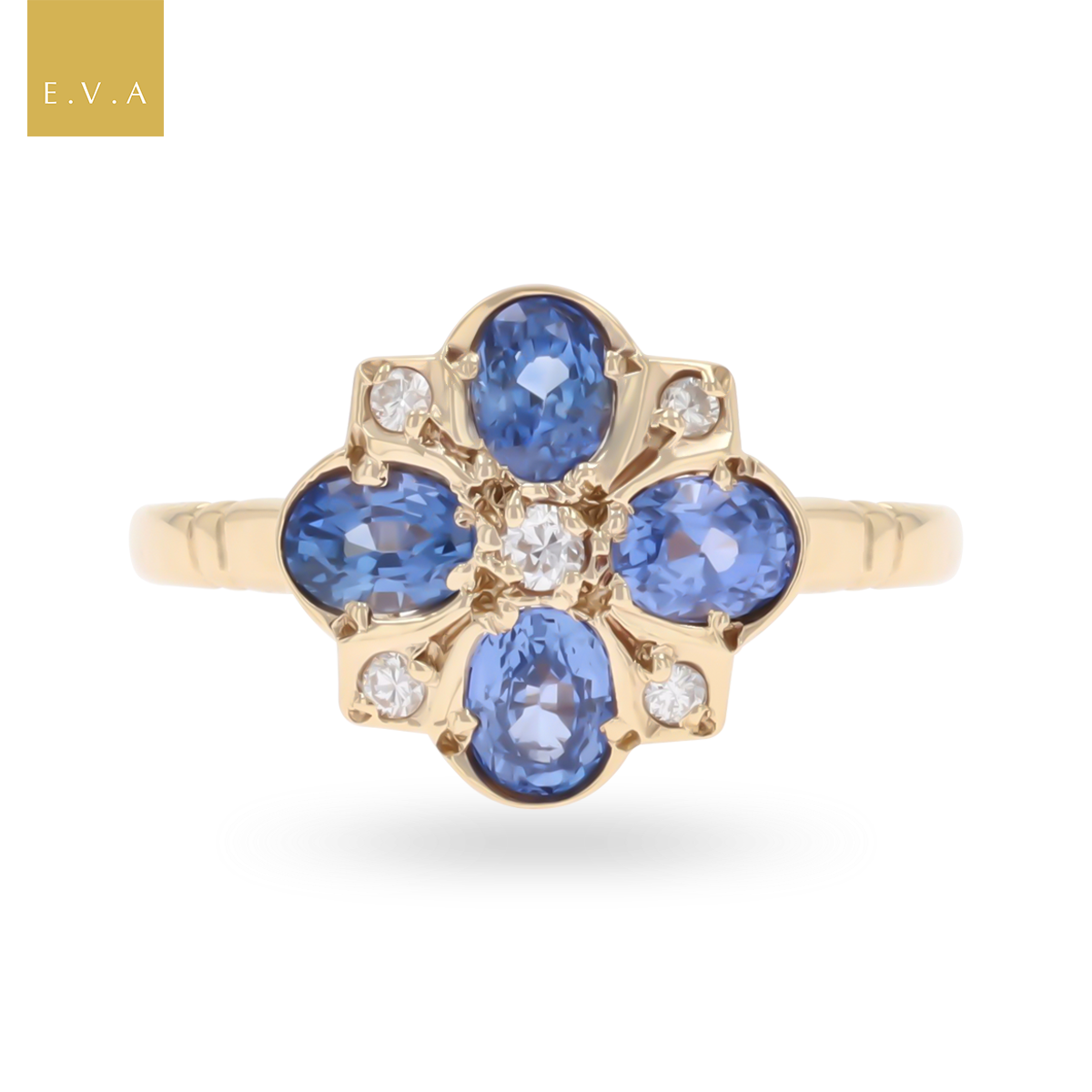 9ct Yellow Gold Sapphire & Diamond Quatrefoil Cluster Ring