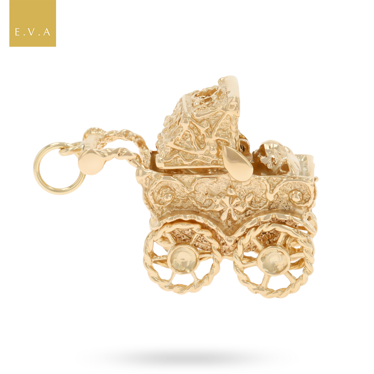 9ct Yellow Gold Ornate Moveable Pram Charm