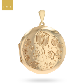 9ct Yellow Gold Round Tulip Engraved Locket