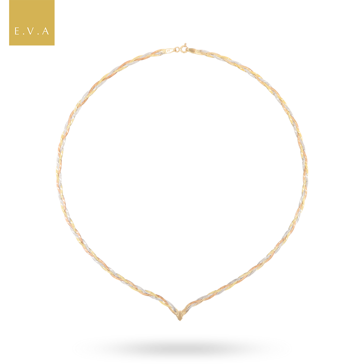 9ct Three Colour Gold V-Shape Plait Herringbone Collarette Necklace