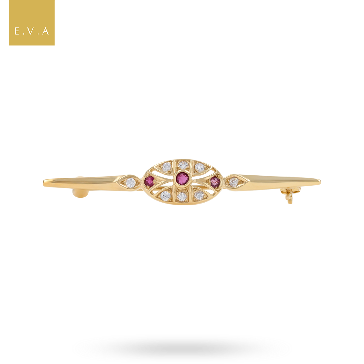 9ct Yellow Gold Ruby & Cubic Zirconia Set Bar Brooch