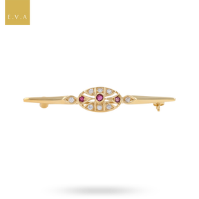 9ct Yellow Gold Ruby & Cubic Zirconia Set Bar Brooch