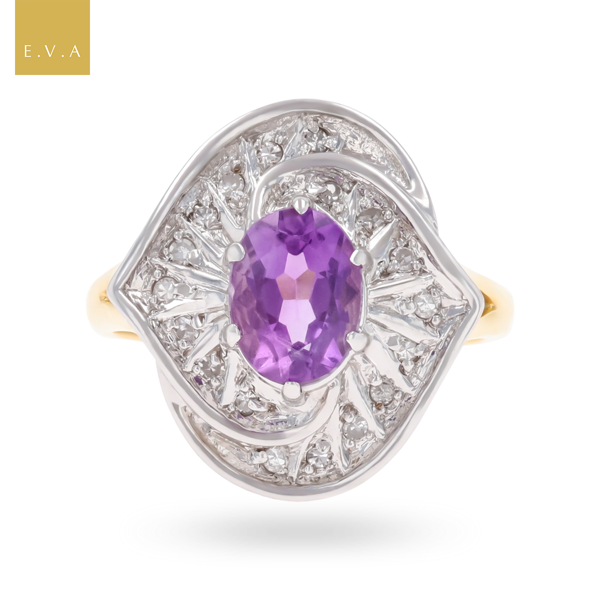 9ct Yellow Gold Oval Cut Amethyst & Diamond Cocktail Ring