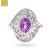 9ct Yellow Gold Oval Cut Amethyst & Diamond Cocktail Ring