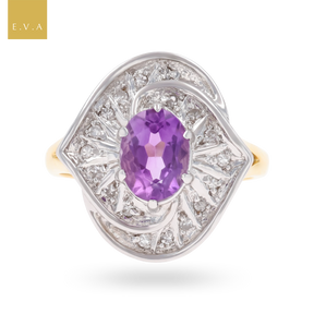 9ct Yellow Gold Oval Cut Amethyst & Diamond Cocktail Ring