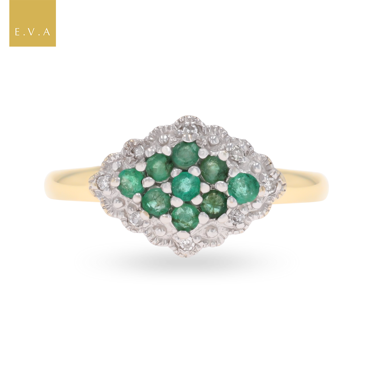 9ct Yellow Gold Emerald & Diamond Navette Cluster Ring