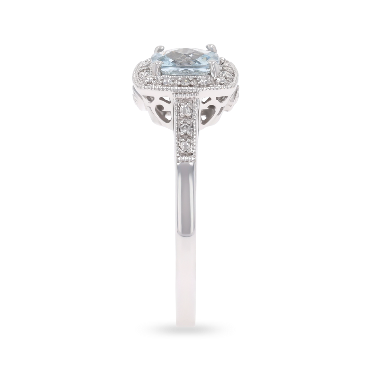 9ct White Gold Cushion Shaped Aquamarine & Diamond Halo Ring