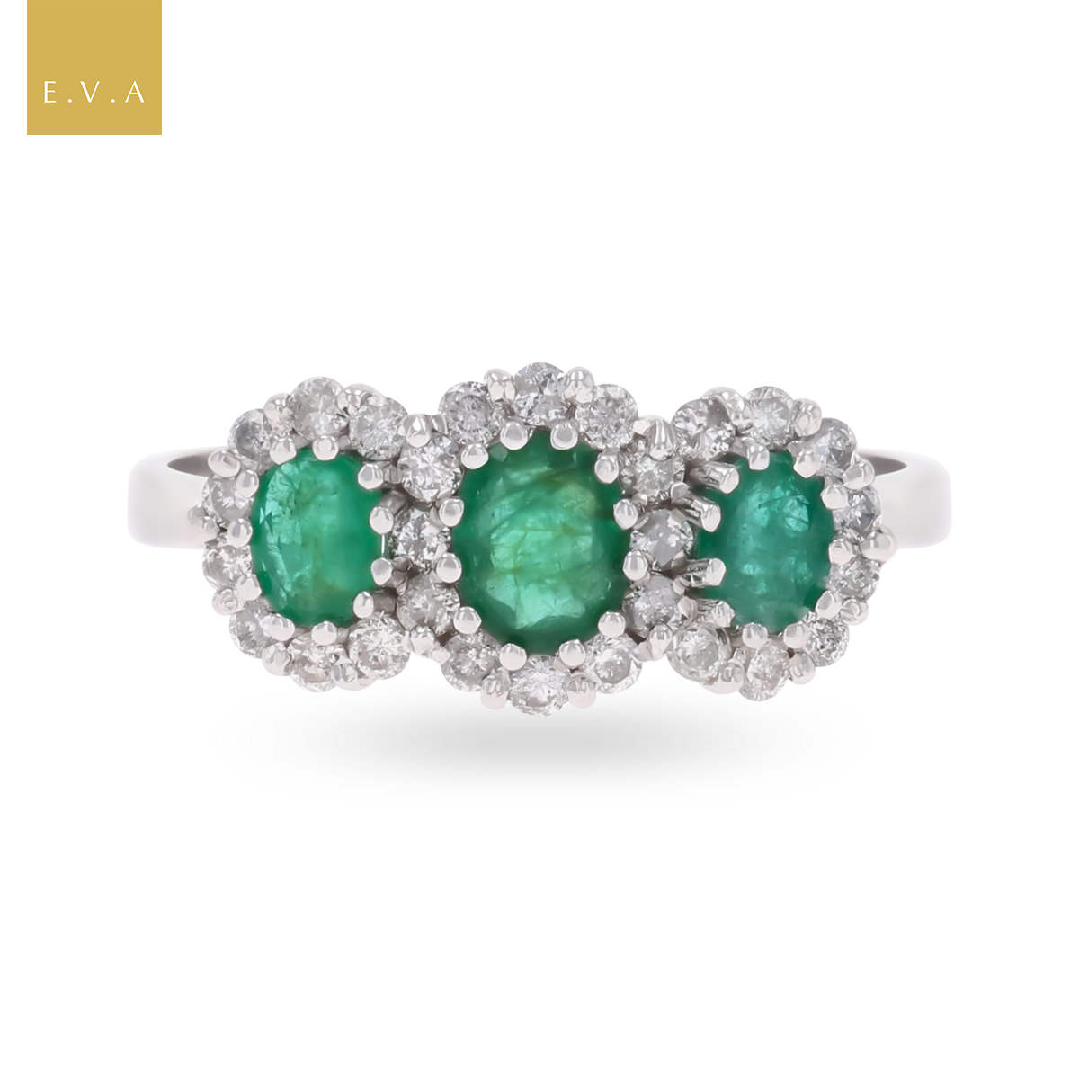 18ct White Gold Emerald & Diamond Trilogy Cluster Ring