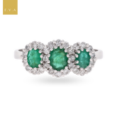 18ct White Gold Emerald & Diamond Trilogy Cluster Ring