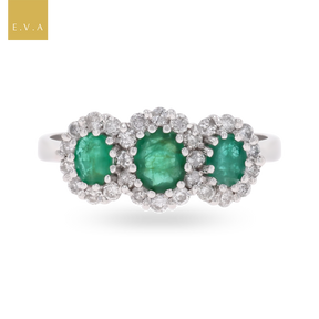 18ct White Gold Emerald & Diamond Trilogy Cluster Ring