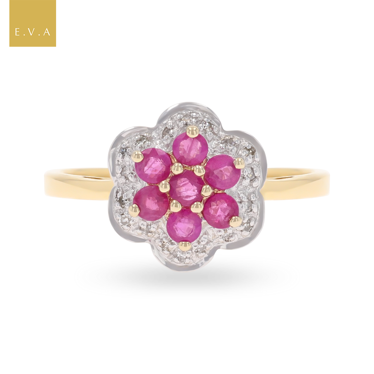 9ct Yellow Gold Ruby & Diamond Flower Cluster Ring