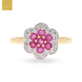 9ct Yellow Gold Ruby & Diamond Flower Cluster Ring