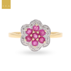 9ct Yellow Gold Ruby & Diamond Flower Cluster Ring