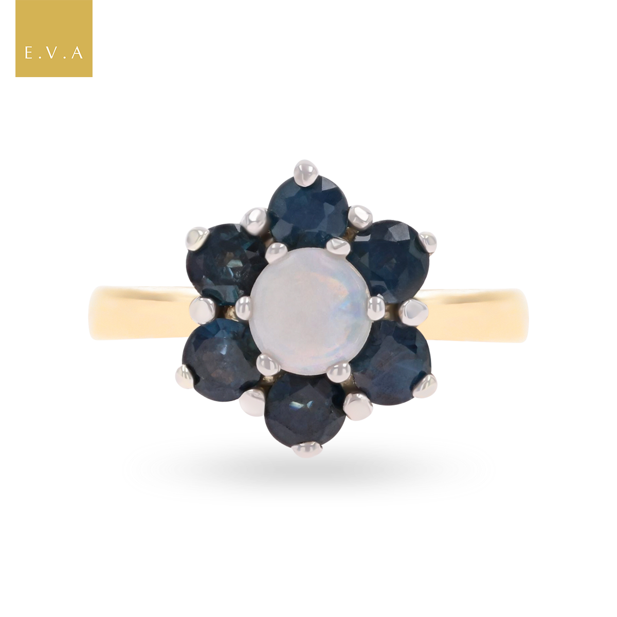 9ct Yellow Gold Sapphire & Opal Flower Cluster Ring