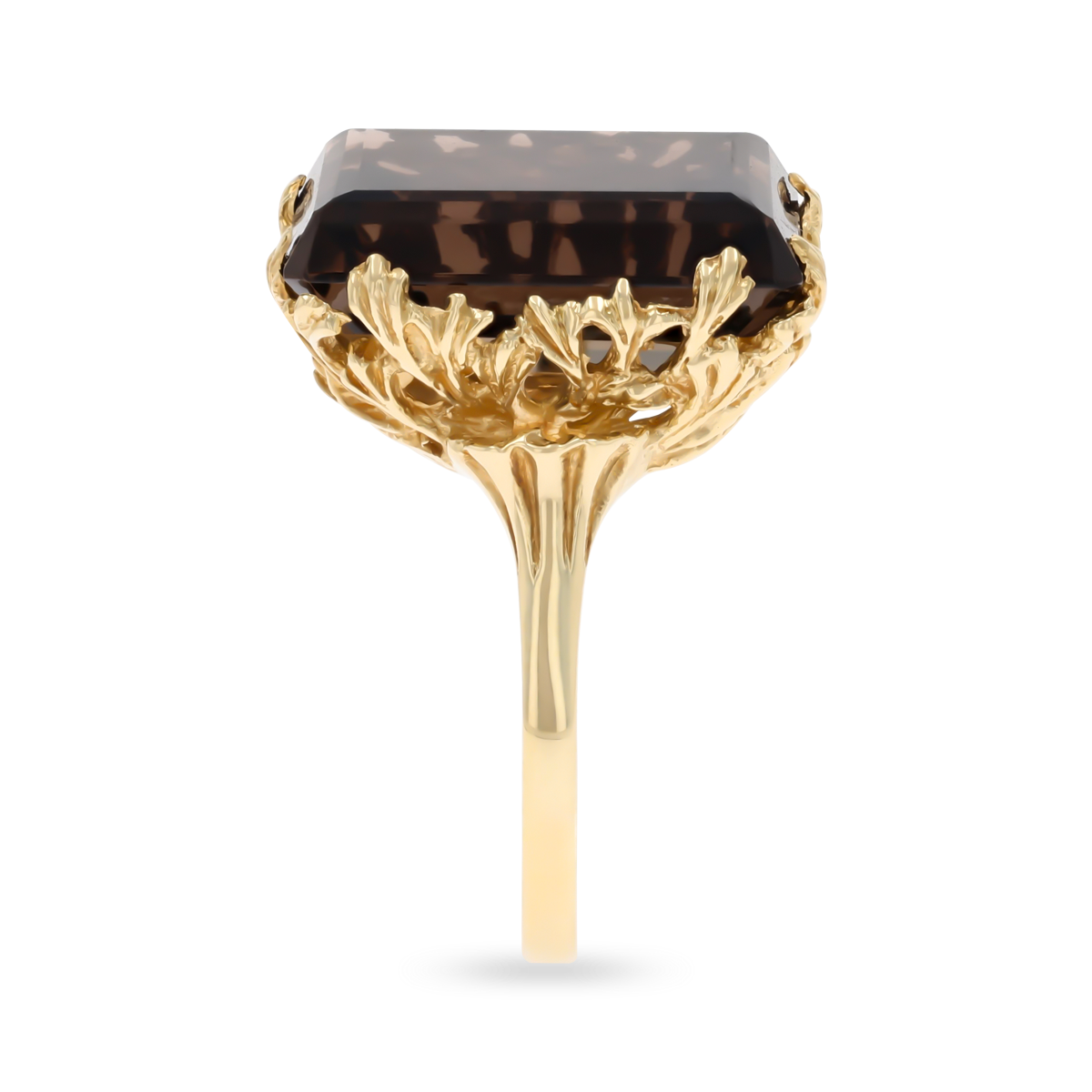 9ct Yellow Gold Emerald Cut Smokey Quartz Leaf Cocktail Ring
