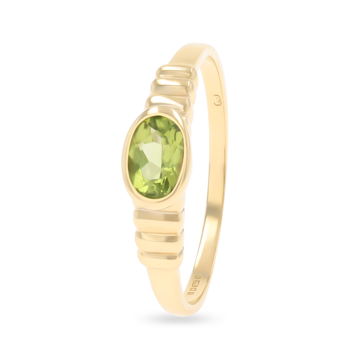 9ct Yellow Gold Oval Shaped Peridot Bezel Set Solitaire Ring