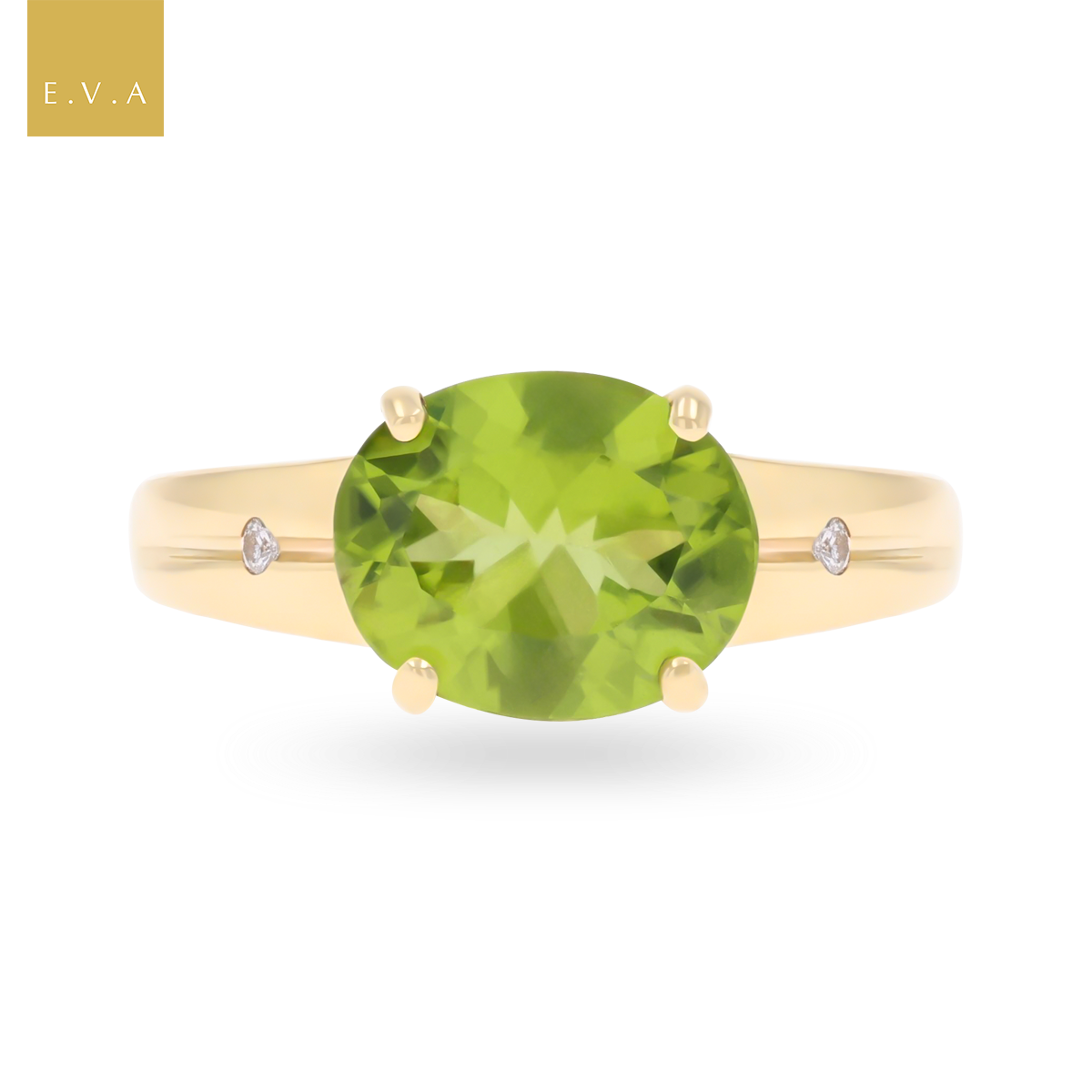 9ct Yellow Gold Oval Cut Peridot & Diamond Solitaire Ring