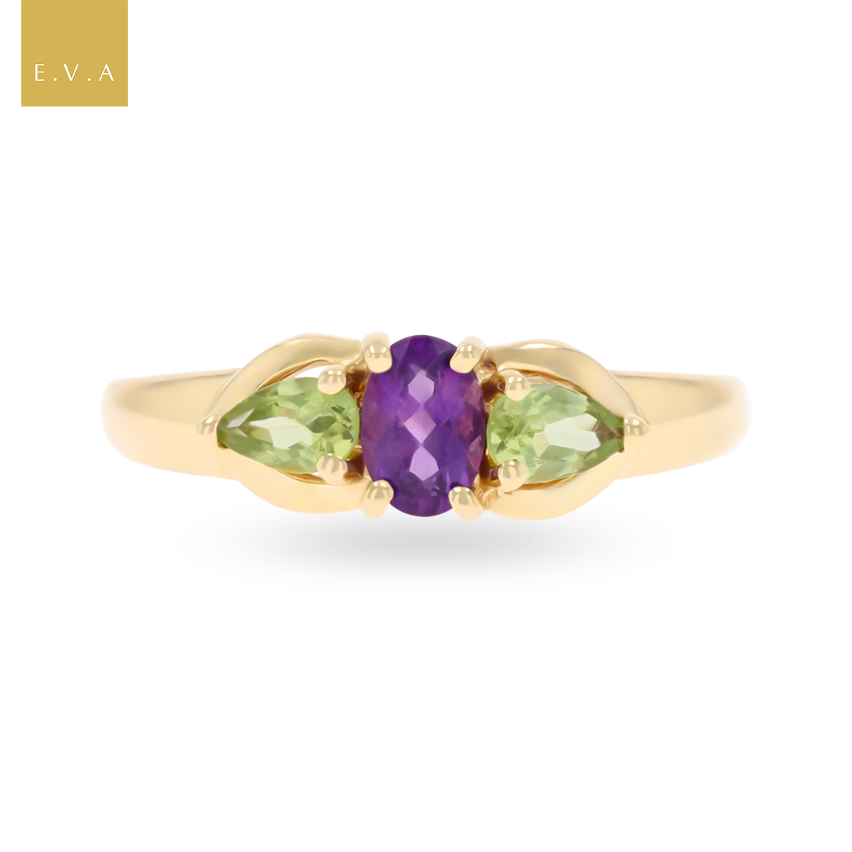 9ct Yellow Gold Amethyst & Peridot Trilogy Ring