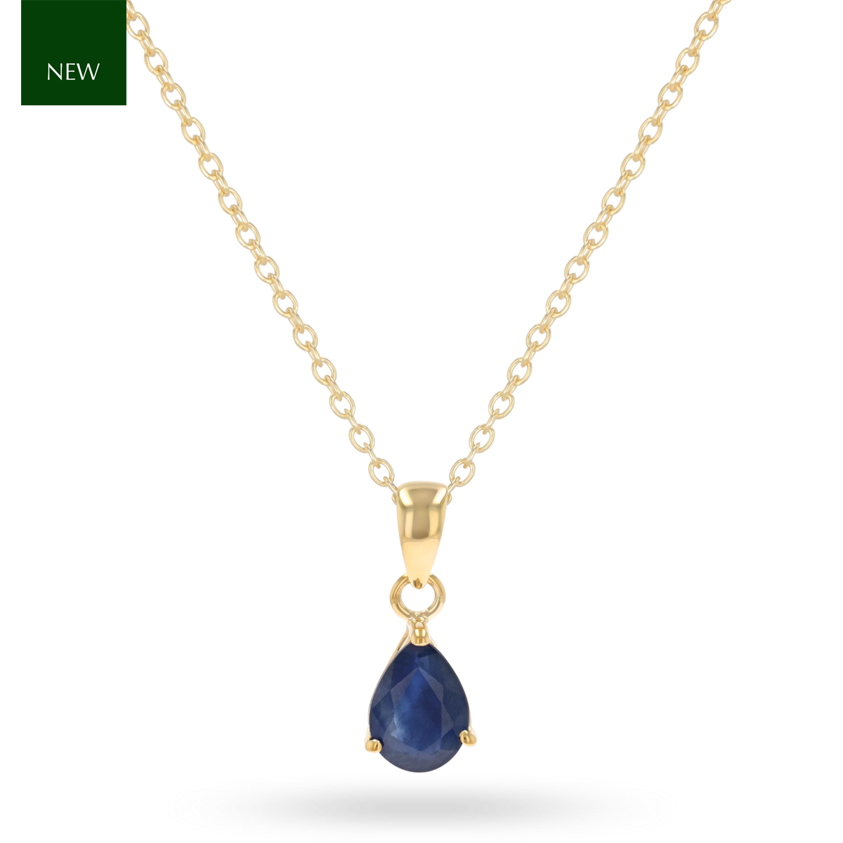 9ct Yellow Gold Pear Shaped Sapphire Claw Set Pendant & Chain